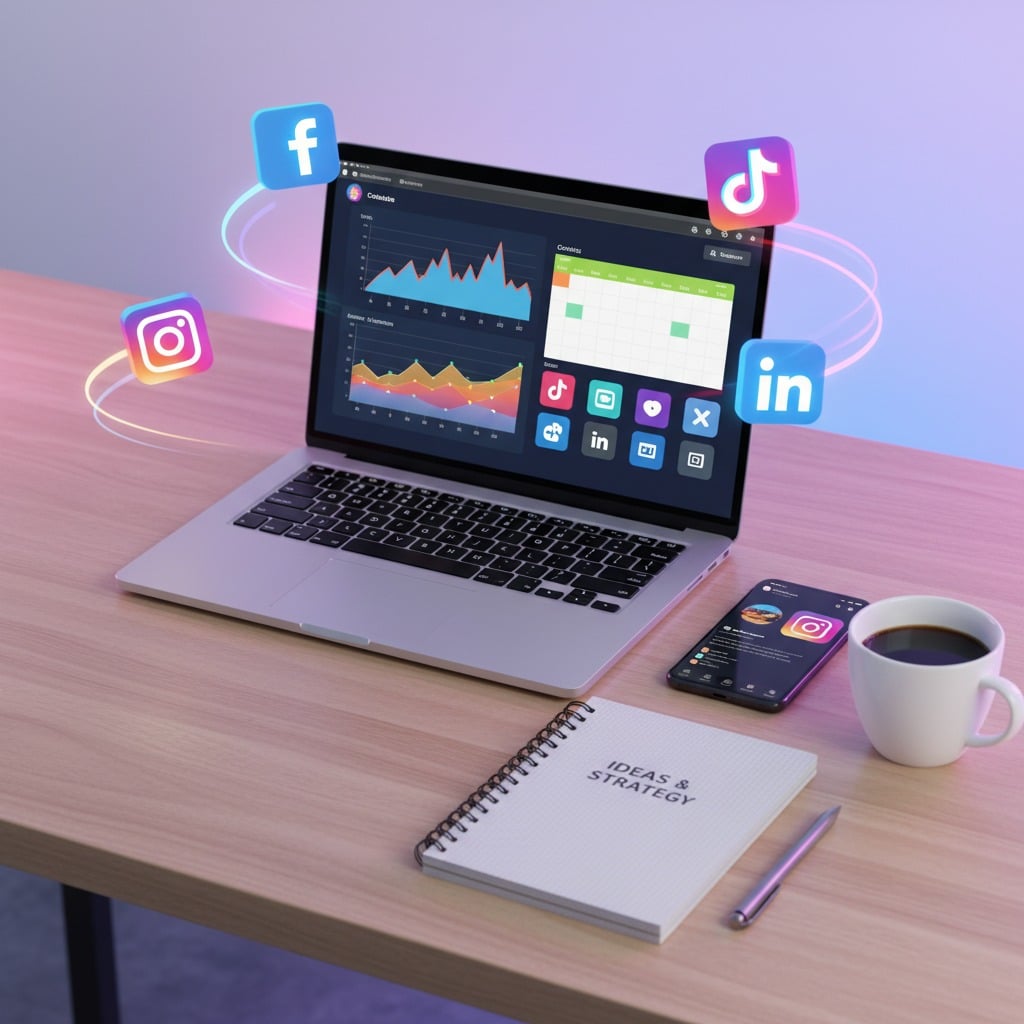 A laptop, a smartphone, a cup of coffee, and a notebook lie on a desk surrounded by floating social media icons.
