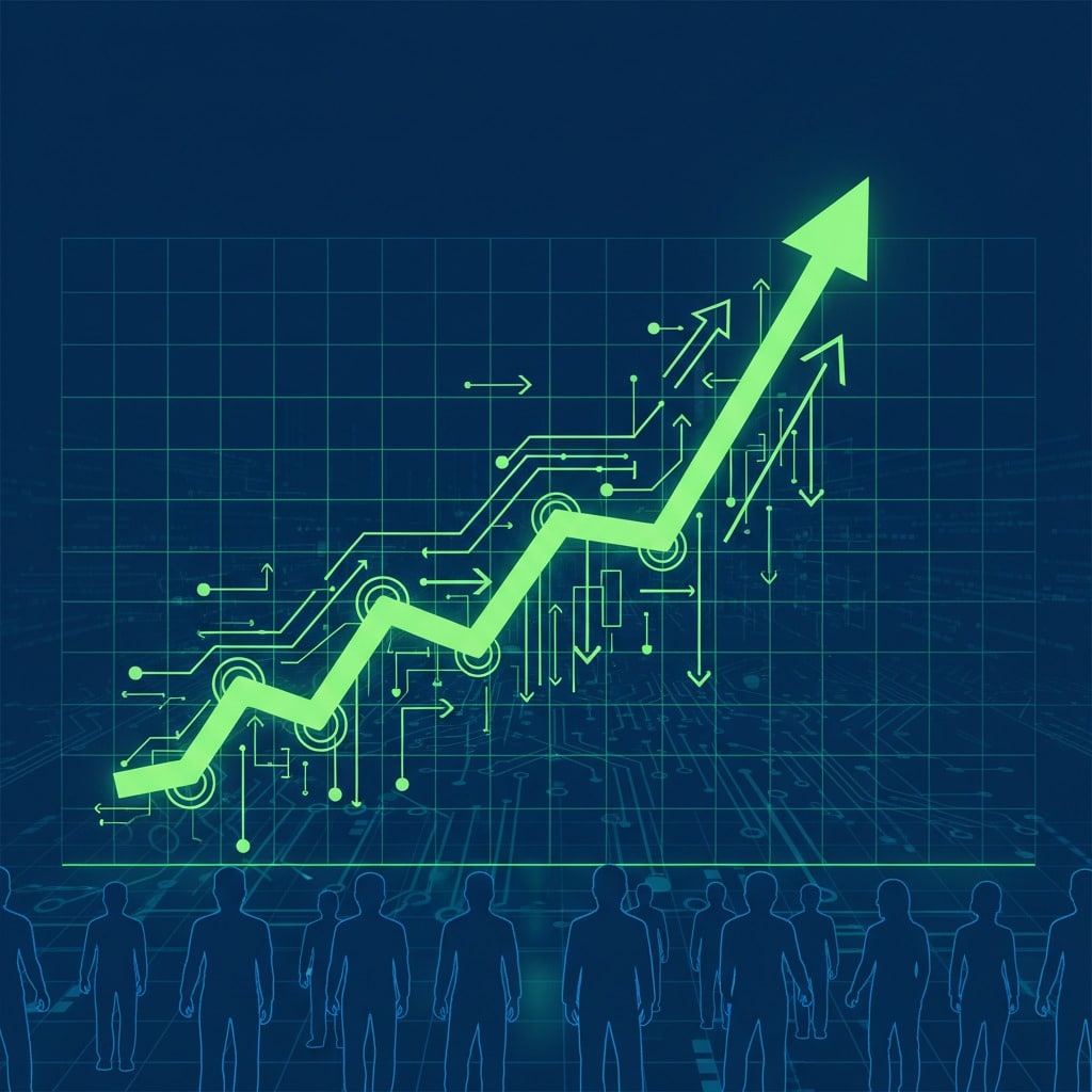 A glowing green upward trending line chart and circuit diagram displayed above silhouetted figures against a dark blue background.
