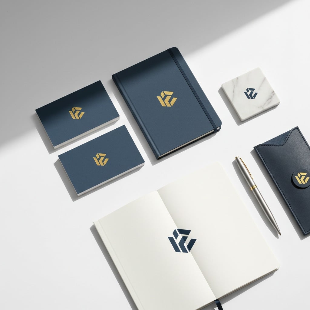 Branded office stationery, including notebooks, business cards, a pen, and a marble coaster, is neatly arranged on a white desk.